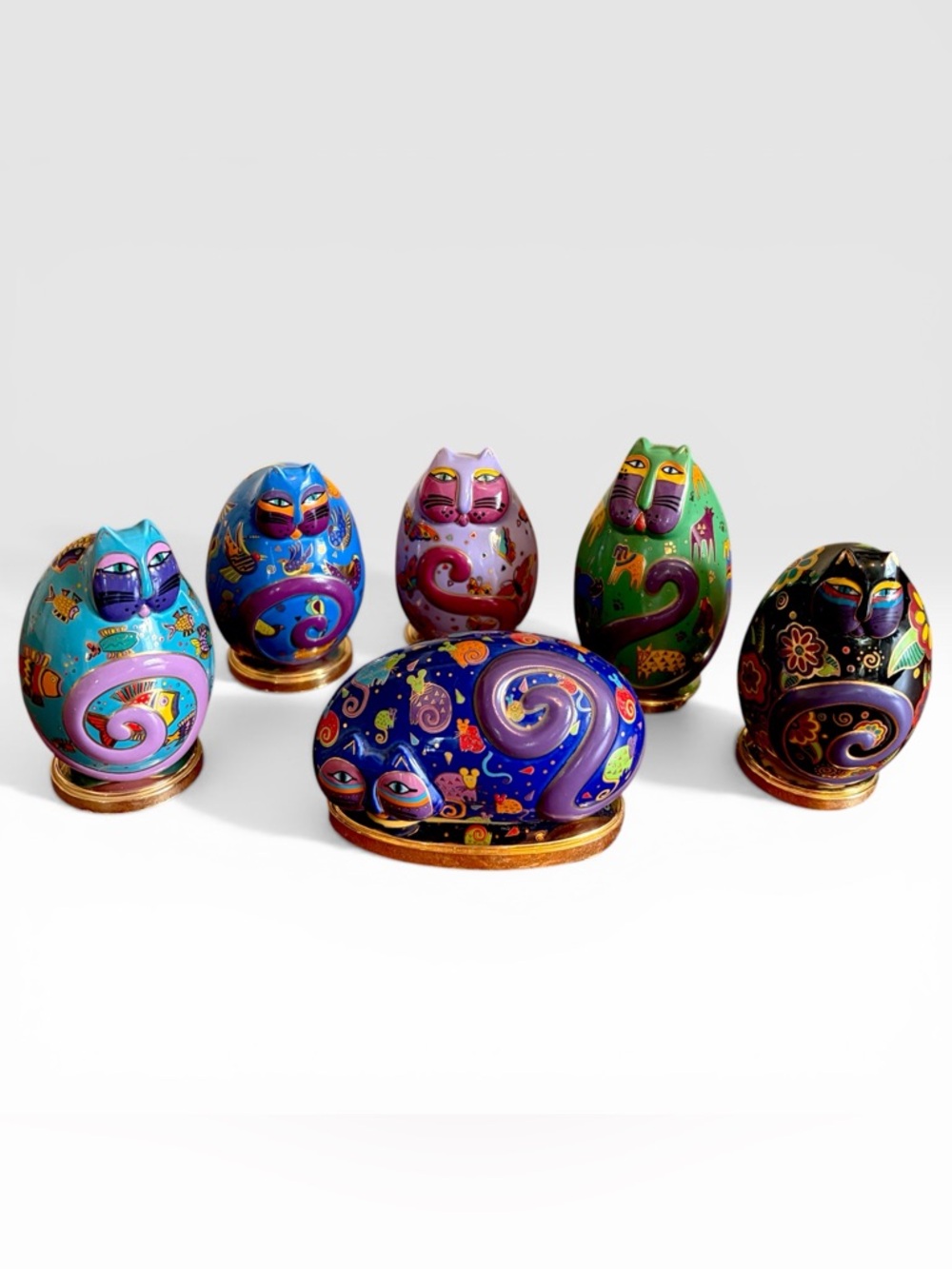 Complete Laurel Burch Cat Eggs Set of 6 Enamel Figurines w/Stands Reclining Cat